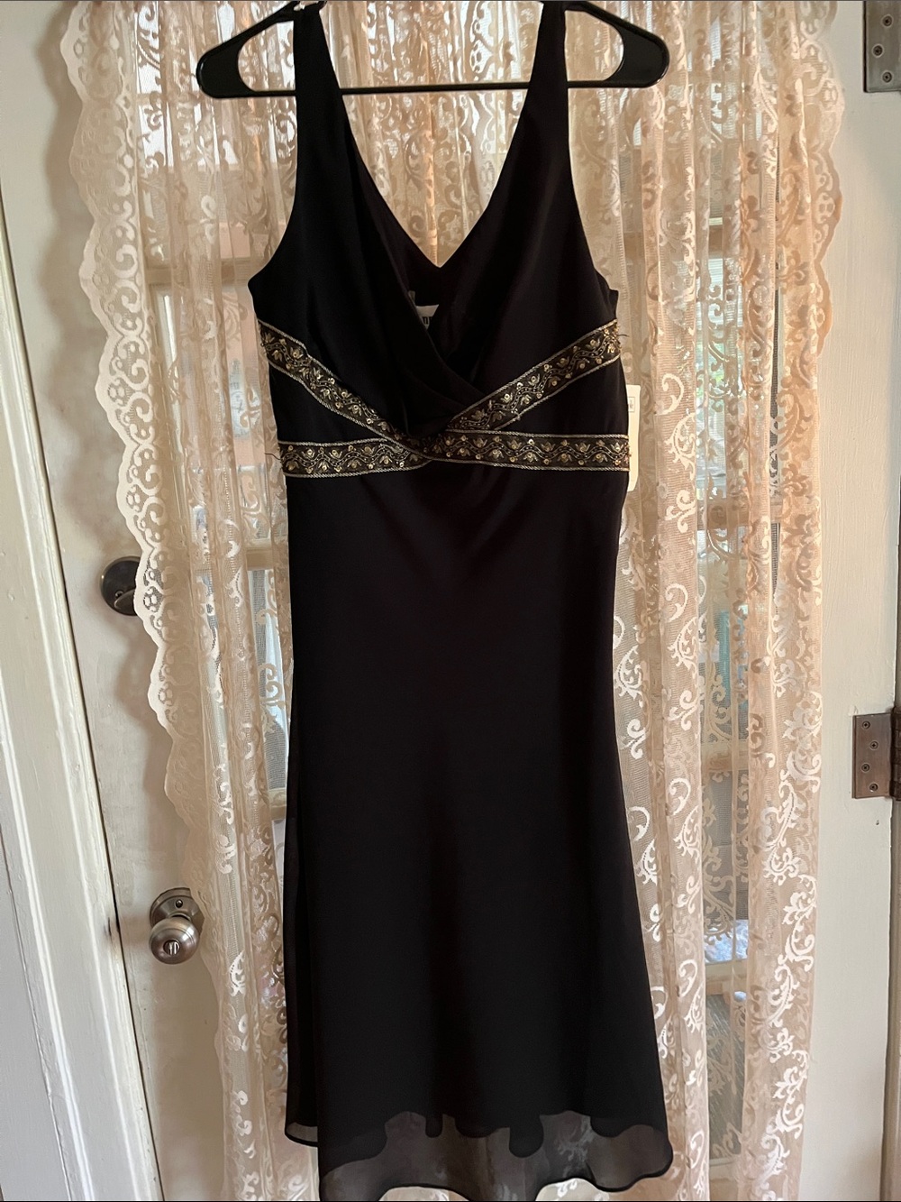 Ronni Nicole Black Midi Dress with Gold Embroidered Waistband